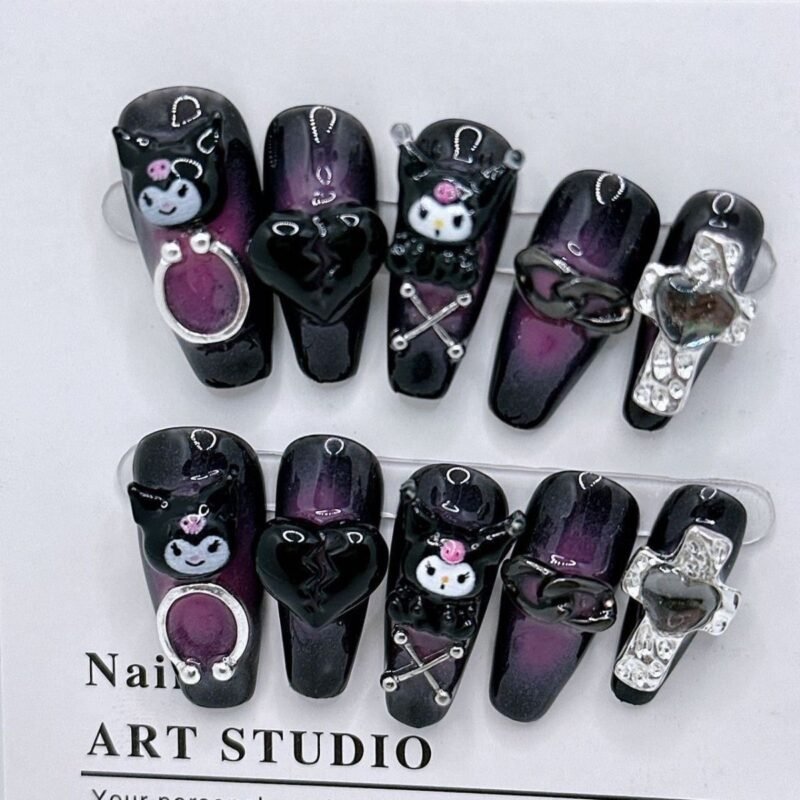 Animated Kuromi black and purple nail art