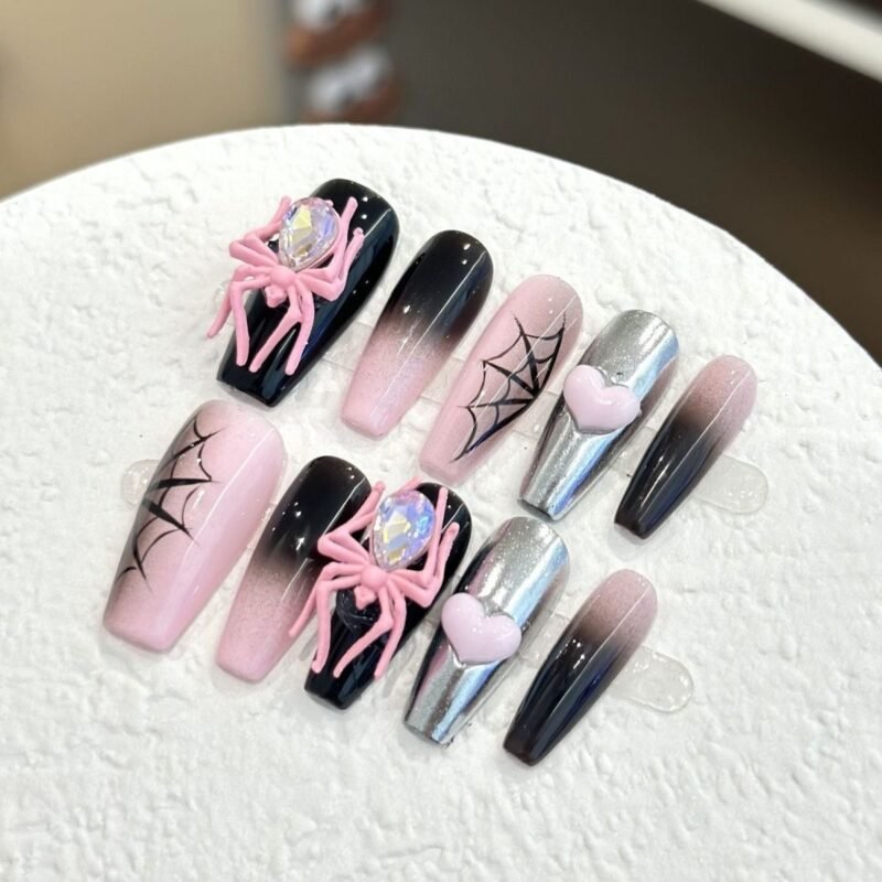 Pink Spiderman black nail art