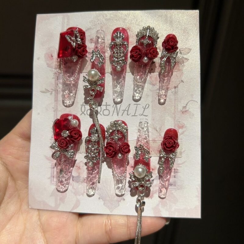 Wine red queen long nail art - 图片 2