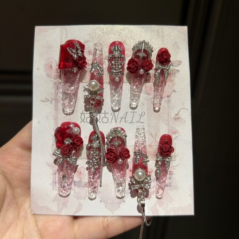 Wine red queen long nail art