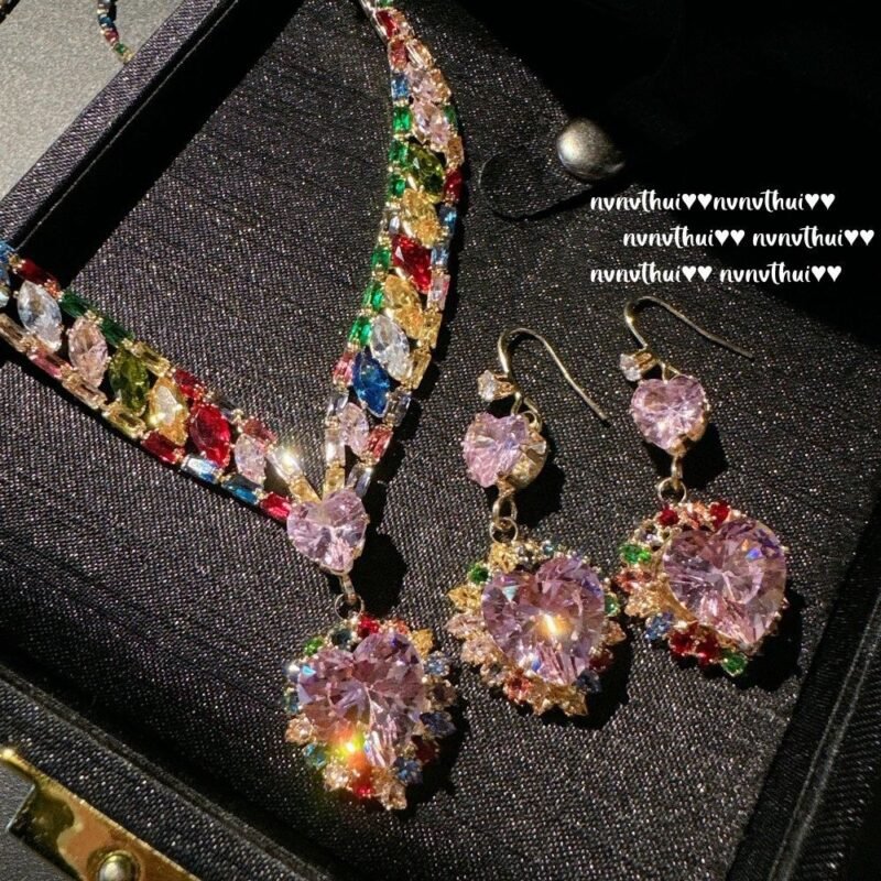 Heavy temperament Gaia goddess imitation natural tourmaline bracelet set with diamonds rose estate ring rainbow set - 图片 3