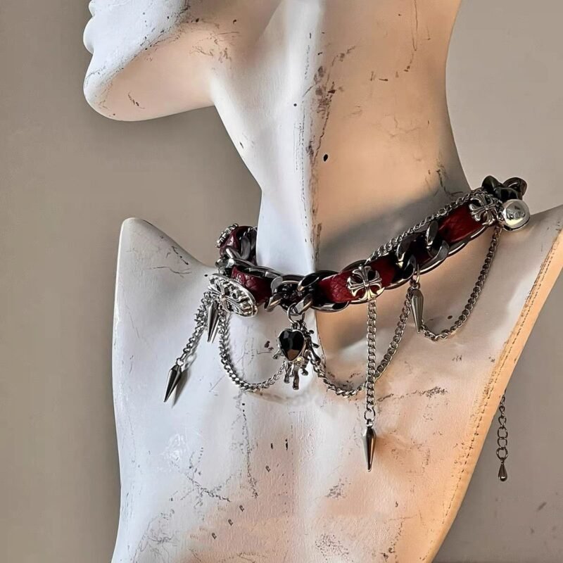 Wound studded metal leather collar cropunk love girl subculture minority necklace - 图片 2