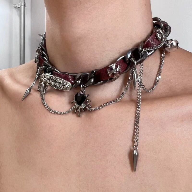 Wound studded metal leather collar cropunk love girl subculture minority necklace - 图片 19