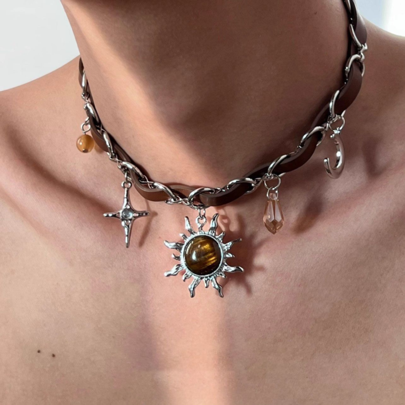 Wound studded metal leather collar cropunk love girl subculture minority necklace - 图片 11