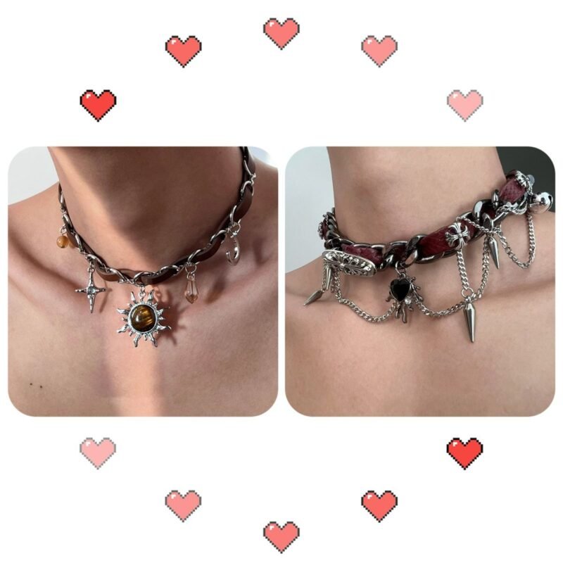 Wound studded metal leather collar cropunk love girl subculture minority necklace - 图片 8