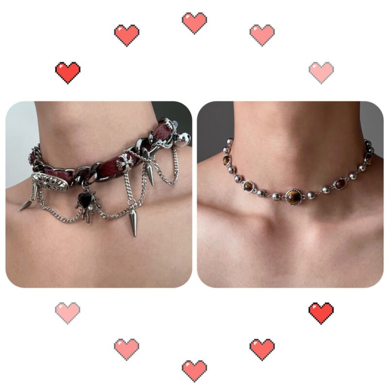 Wound studded metal leather collar cropunk love girl subculture minority necklace - 图片 4